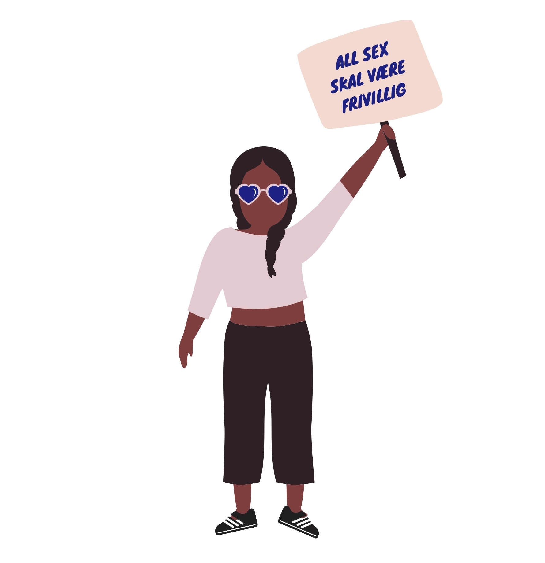 Kvinne holder en plakat med teksten "All sex skal være frivillig". Illustrasjon.